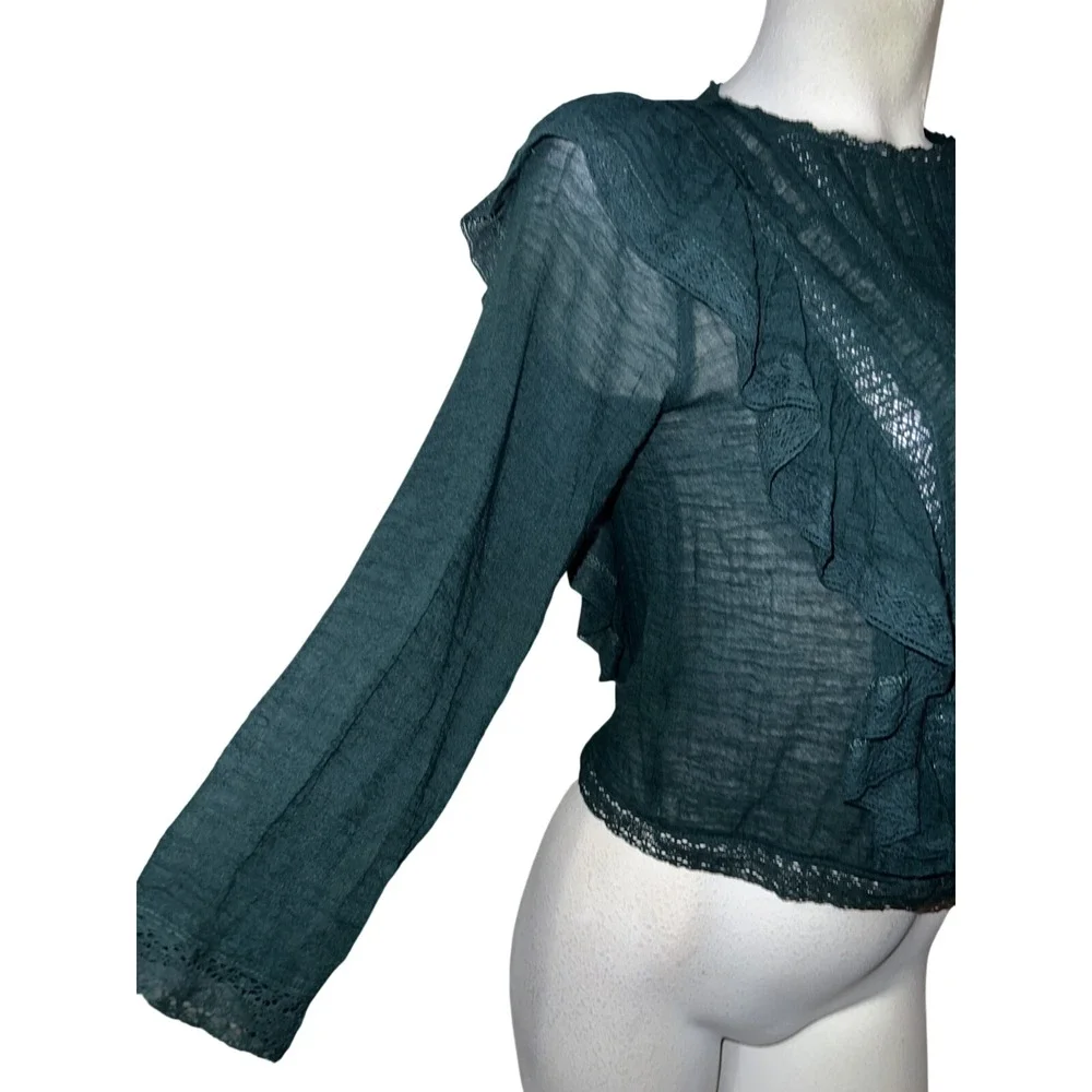 Free People Dark Green Lace Ruffle Sheer Blouse Top Womens XS High Neck Keyhole
